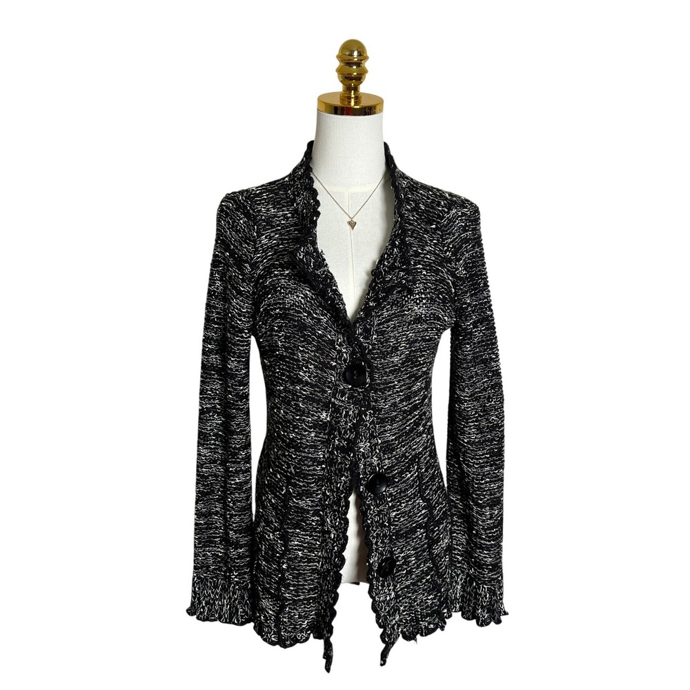 BCBGMAXAZRIA Womens Black‎ White Marled Knit Ruffle Trim Cardigan Sweater Large